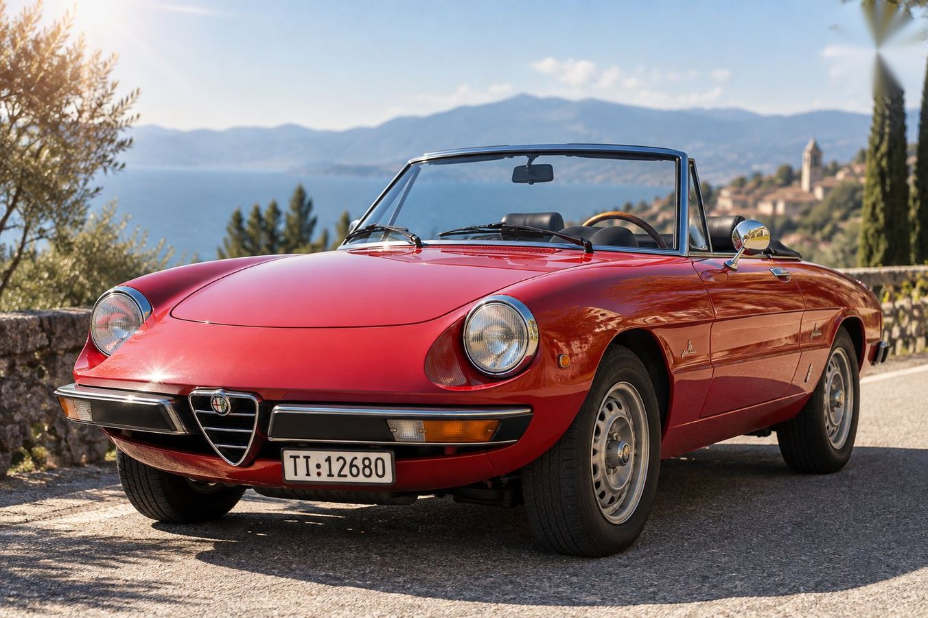 Italienisches Lebensgefühl auf vier Rädern: Der rote Alfa Romeo Spider genießt die Sonne vor traumhafter See- und Bergkulisse. KI-generiertes Bild, erstellt mit ChatGPT/DALL-E.