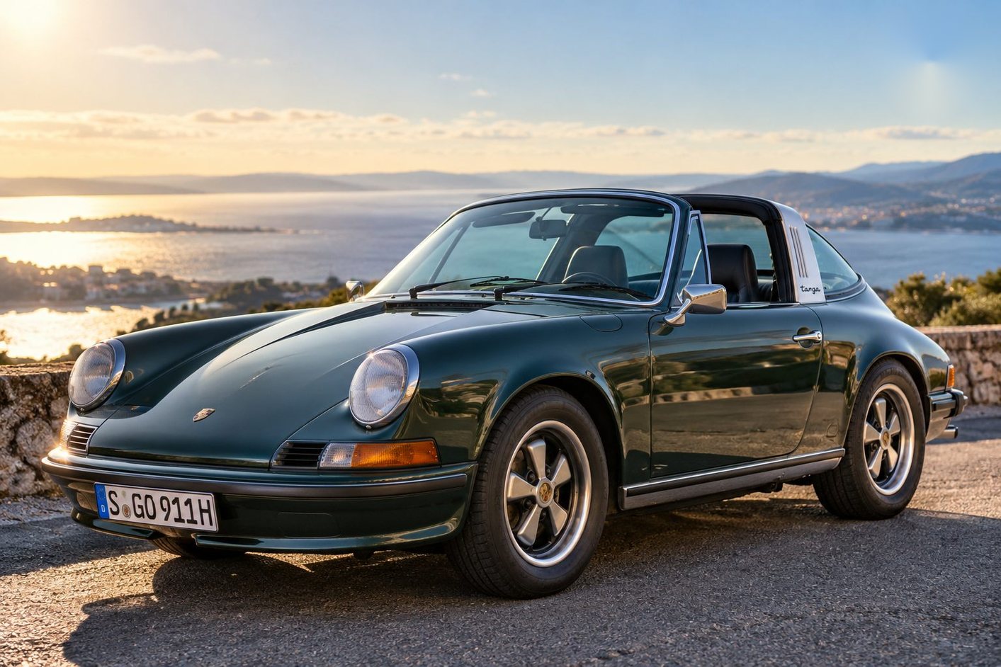 Sportwagen-Ikone mit Aussicht: Der klassische Porsche 911 Targa vor einer sonnigen Küstenlandschaft. KI-generiertes Bild, erstellt mit ChatGPT/DALL-E.