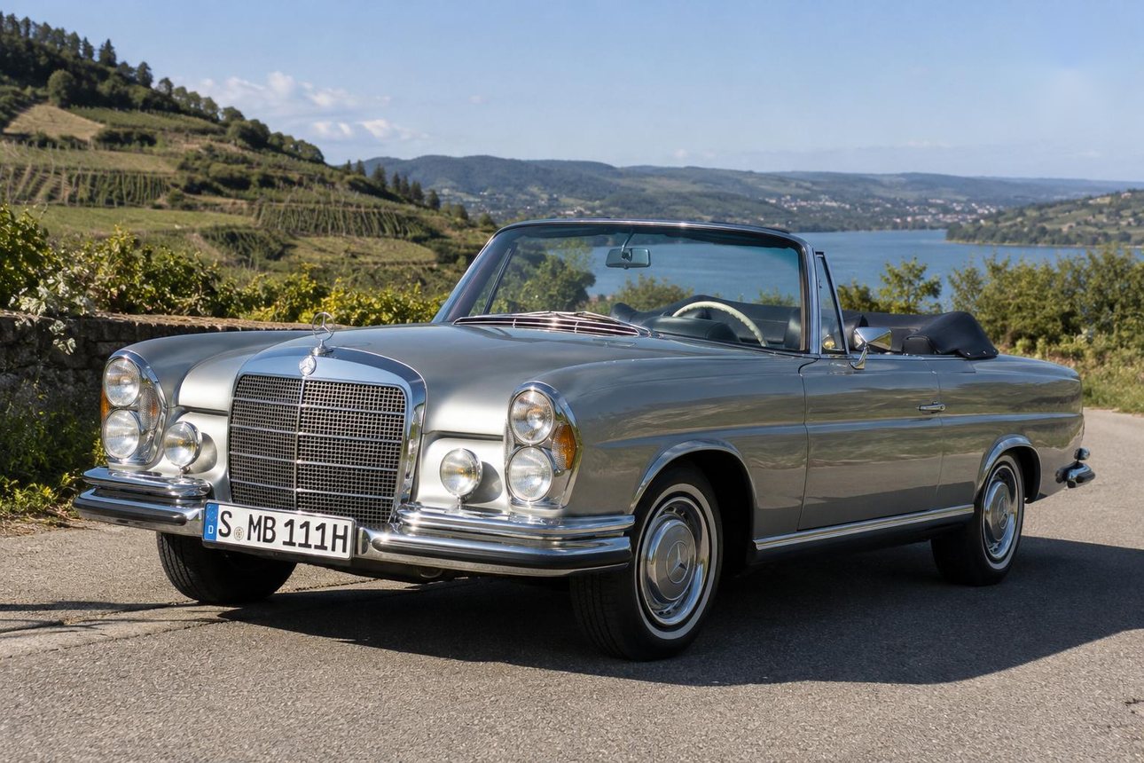 Chrom, Eleganz und eine Prise Sommerfrische: Das Mercedes-Benz W111 Cabriolet auf großer Ausfahrt am See. KI-generiertes Bild, erstellt mit ChatGPT/DALL-E.