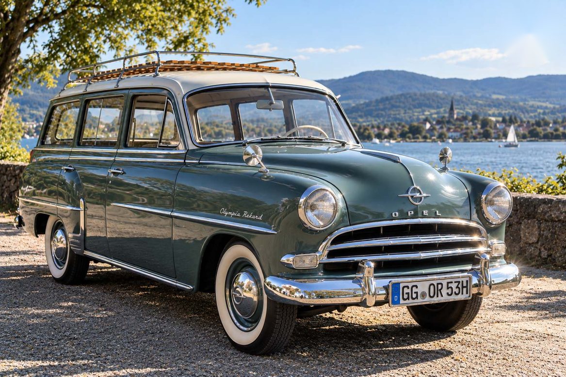 Familienkutsche mit Fernweh: Der klassische Opel Olympia Rekord Kombi vor einer malerischen See- und Berglandschaft. KI-generiertes Bild, erstellt mit ChatGPT/DALL-E.