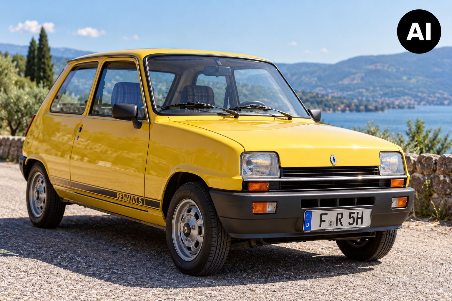 Gelber Renault 5 Schrägheck am Seeufer