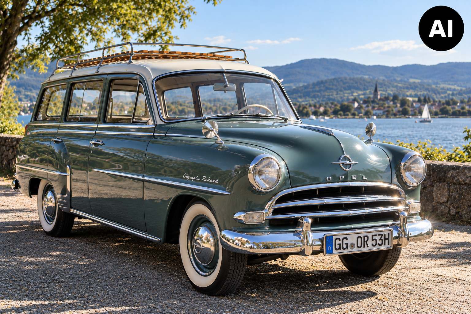 Klassischer Opel Olympia Rekord Kombi am Seeufer
