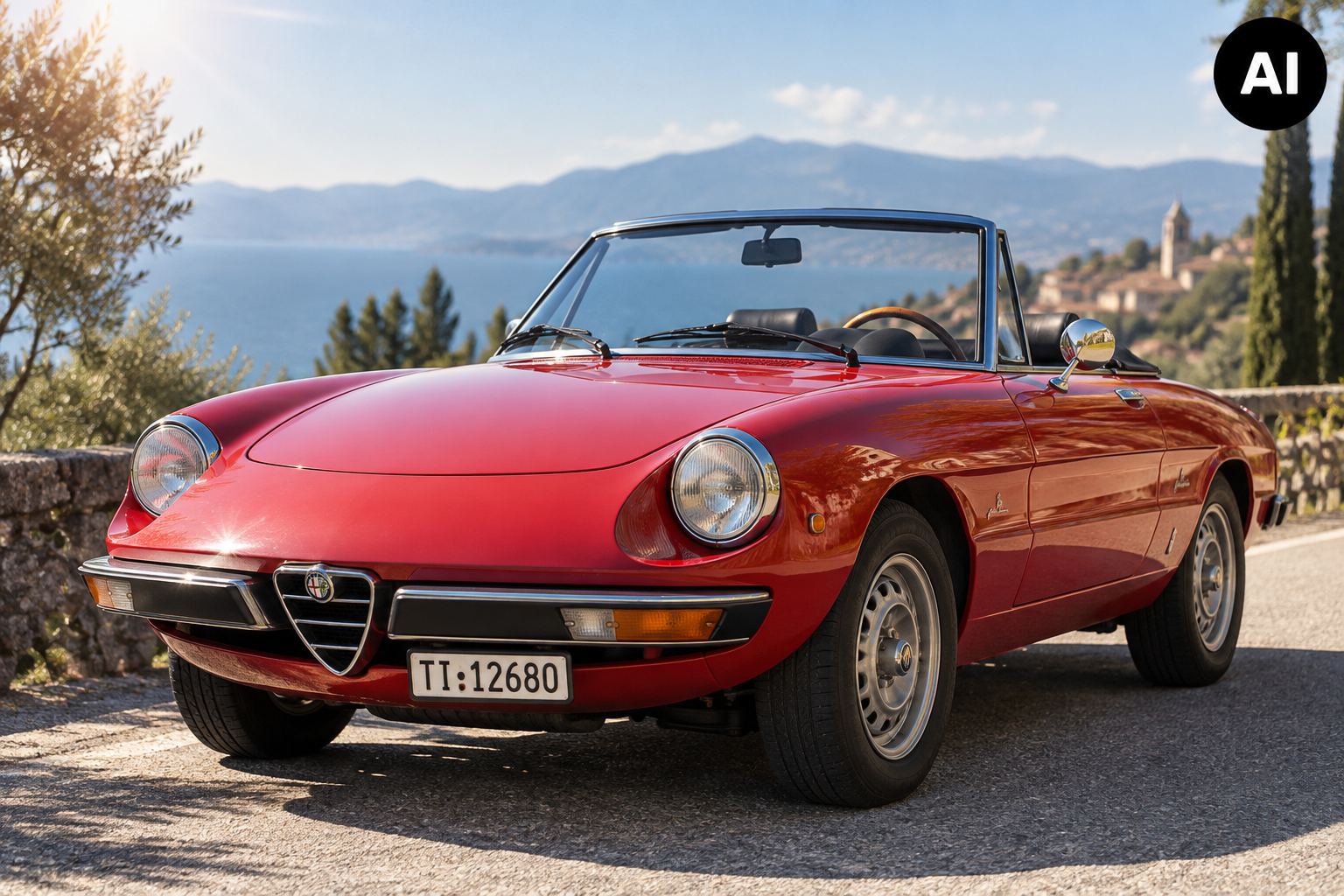 Roter Alfa Romeo Spider bzw. Roadster am Seeufer