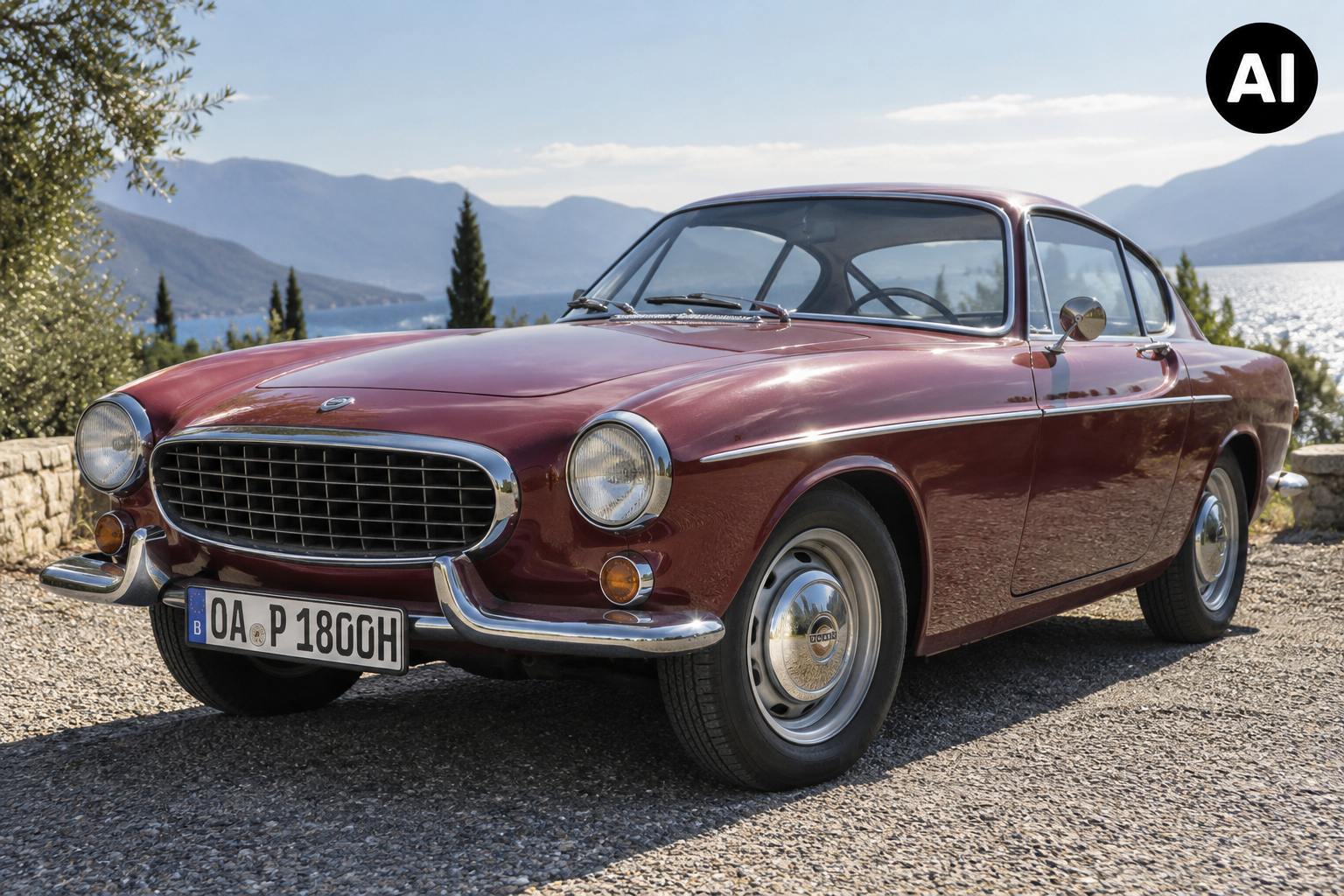 Roter Volvo P1800 Coupé am Bergsee
