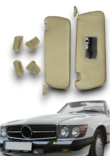 Sonnenblenden Sunvisor Paar mit Stangen + Clips für Mercedes SL 107 pergament Linkslenker