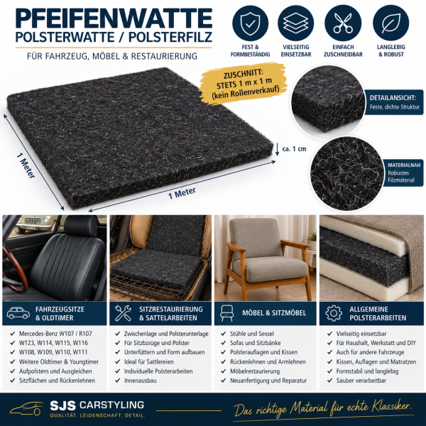 Pfeifenwatte Polsterwatte Polsterfilz 1x1m 1cm – Auto Oldtimer Möbel Sattlerei