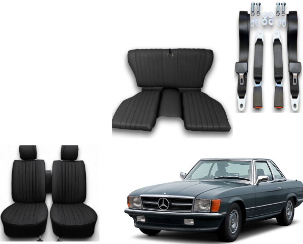 Set Sitzbezüge ab Bj. 85 + Rückbank klappbar + Gurte für Mercedes SL 107 Schwarz