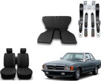 Set Sitzbezüge ab Bj. 85 + Rückbank klappbar + Gurte für Mercedes SL 107 Schwarz
