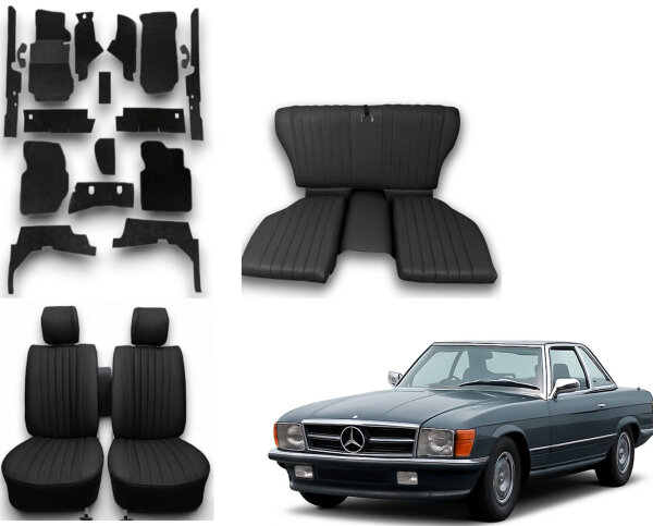 Set Sitzbezüge bis Bj. 84 + Rückbank klappbar + Teppichsatz für Mercedes SL 107 Schwarz