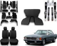 Set Sitzbezüge bis Bj. 84 + Rückbank klappbar + Teppichsatz + Gurte für Mercedes SL 107 Schwarz