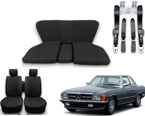 Set Sitzbezüge bis Bj. 84 + Rückbank starr + Gurte für Mercedes SL 107 Schwarz