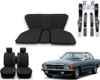 Set Sitzbezüge bis Bj. 84 + Rückbank starr + Gurte für Mercedes SL 107 Schwarz