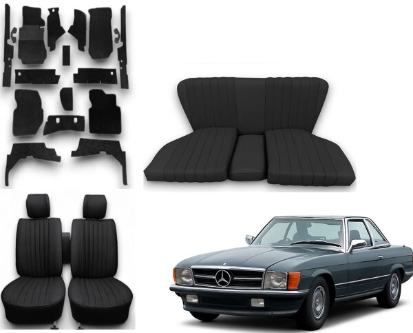 Set Sitzbezüge bis Bj. 84 + Rückbank starr + Teppichsatz für Mercedes SL 107 Schwarz
