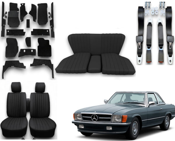 Set Sitzbezüge bis Bj. 84 + Rückbank starr + Teppichsatz + Gurte für Mercedes SL 107 Schwarz