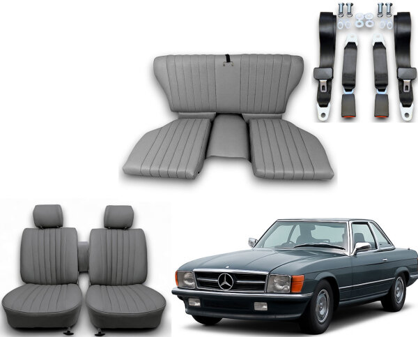 Set Sitzbezüge bis Bj. 84 + Rückbank klappbar + Gurte für Mercedes SL 107 Grau