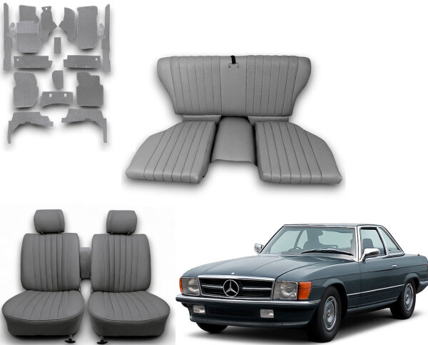 Set Sitzbezüge bis Bj. 84 + Rückbank klappbar + Teppichsatz für Mercedes SL 107 Grau