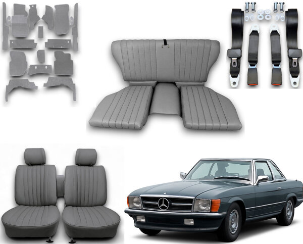 Set Sitzbezüge bis Bj. 84 + Rückbank klappbar + Teppichsatz + Gurte für Mercedes SL 107 Grau