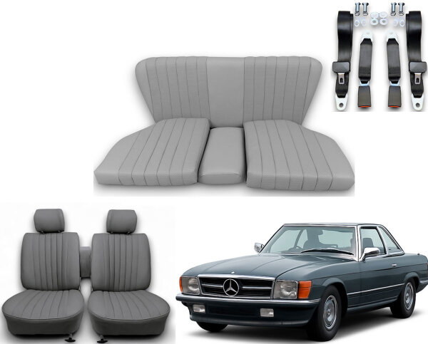 Set Sitzbezüge bis Bj. 84 + Rückbank starr + Gurte für Mercedes SL 107 Grau