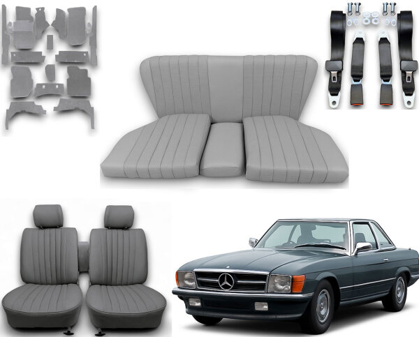 Set Sitzbezüge ab Bj. 85 + Rückbank starr + Teppichsatz + Gurte für Mercedes SL 107 Grau