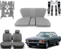 Set Sitzbezüge ab Bj. 85 + Rückbank starr + Teppichsatz + Gurte für Mercedes SL 107 Grau