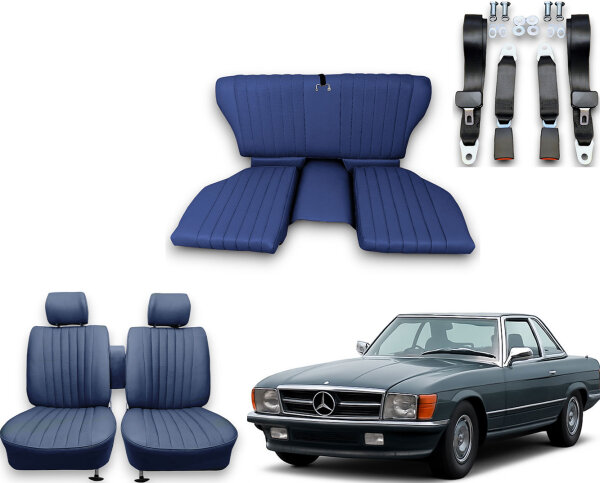 Set Sitzbezüge ab Bj. 85 + Rückbank klappbar + Gurte für Mercedes SL 107 Blau