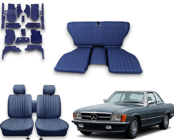 Set Sitzbezüge bis Bj. 84 + Rückbank klappbar + Teppichsatz für Mercedes SL 107 Blau