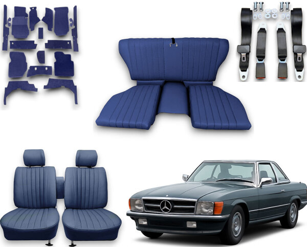 Set Sitzbezüge bis Bj. 84 + Rückbank klappbar + Teppichsatz + Gurte für Mercedes SL 107 Blau