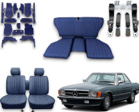 Set Sitzbezüge bis Bj. 84 + Rückbank klappbar + Teppichsatz + Gurte für Mercedes SL 107 Blau