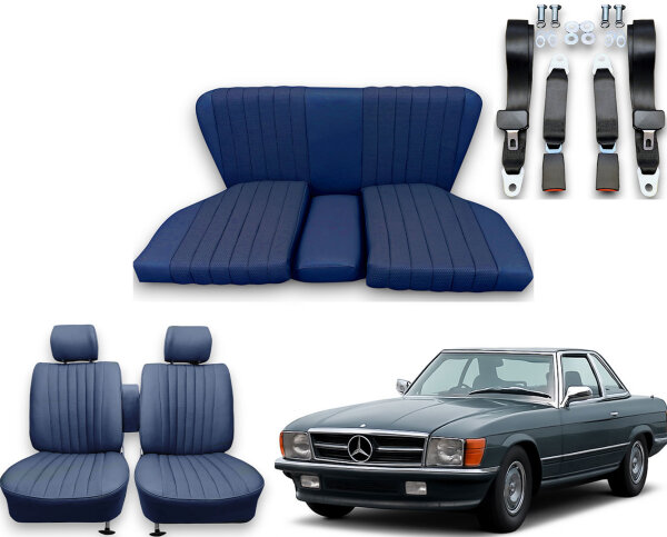 Set Sitzbezüge bis Bj. 84 + Rückbank starr + Gurte für Mercedes SL 107 Blau