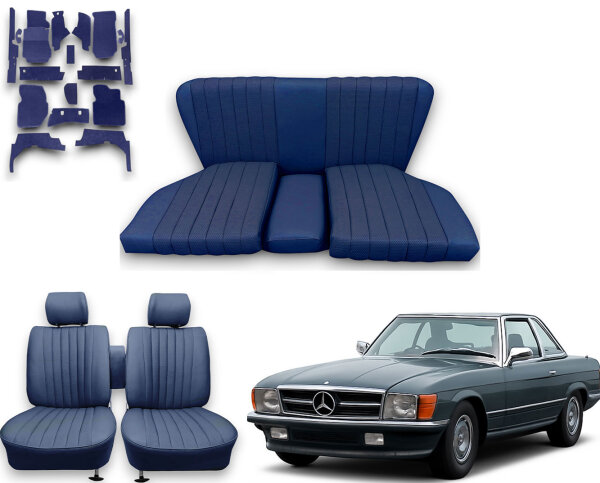 Set Sitzbezüge bis Bj. 84 + Rückbank starr + Teppichsatz für Mercedes SL 107 Blau