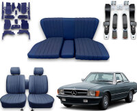 Set Sitzbezüge bis Bj. 84 + Rückbank starr + Teppichsatz + Gurte für Mercedes SL 107 Blau
