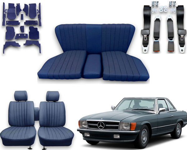 Set Sitzbezüge ab Bj. 85 + Rückbank starr + Teppichsatz + Gurte für Mercedes SL 107 Blau