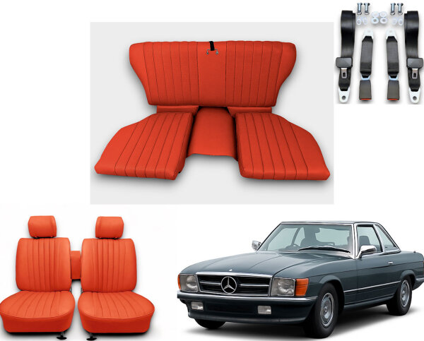 Set Sitzbezüge bis Bj. 84 + Rückbank klappbar + Gurte für Mercedes SL 107 Rot