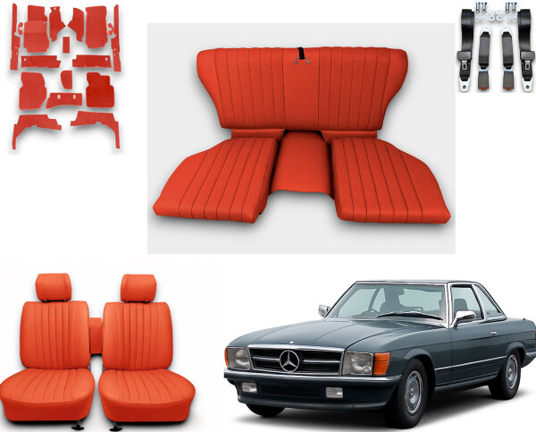 Set Sitzbezüge ab Bj. 85 + Rückbank klappbar + Teppichsatz + Gurte für Mercedes SL 107 Rot