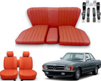 Set Sitzbezüge ab Bj. 85 + Rückbank starr + Gurte für Mercedes SL 107 Rot