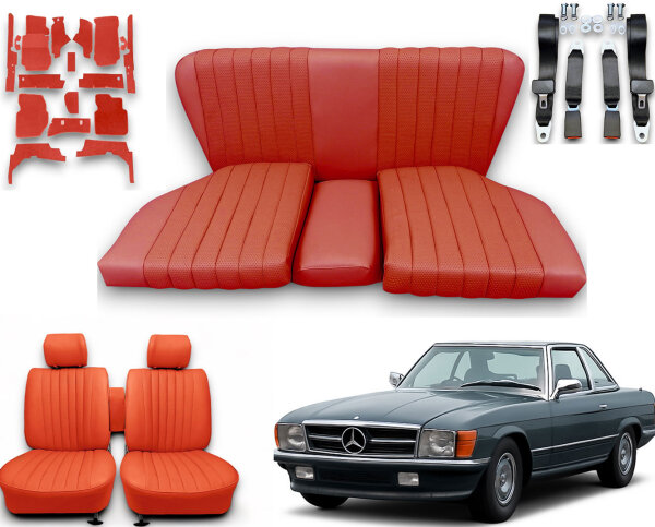 Set Sitzbezüge bis Bj. 84 + Rückbank starr + Teppichsatz + Gurte für Mercedes SL 107 Rot