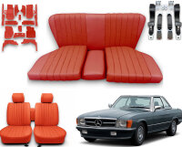 Set Sitzbezüge ab Bj. 85 + Rückbank starr + Teppichsatz + Gurte für Mercedes SL 107 Rot