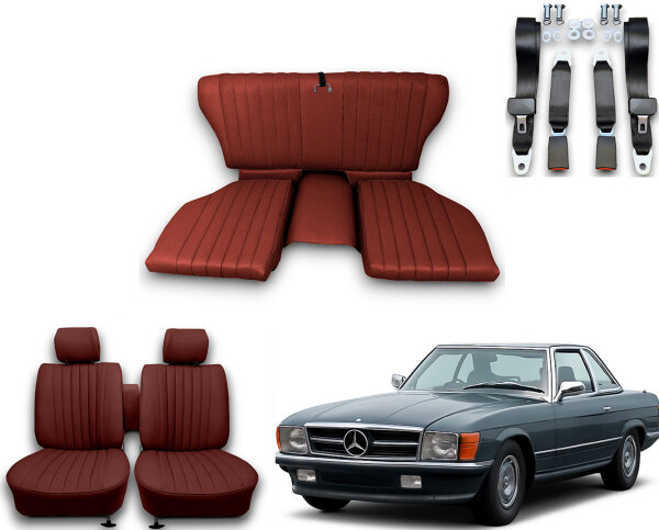 Set Sitzbezüge ab Bj. 85 + Rückbank klappbar + Gurte für Mercedes SL 107 Dunkelrot