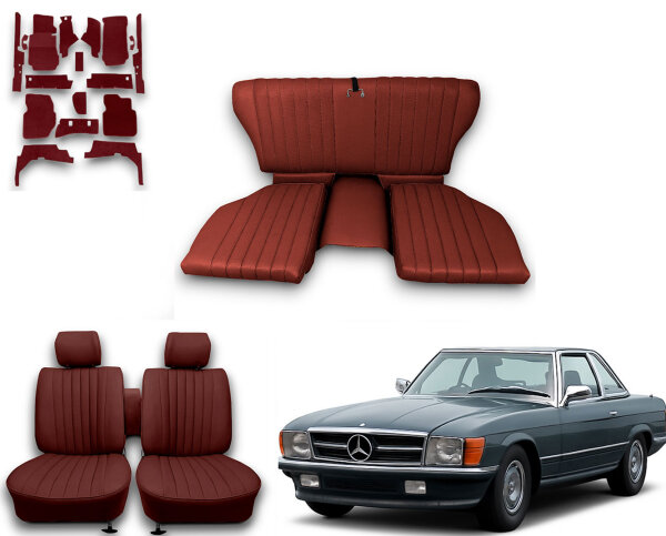 Set Sitzbezüge ab Bj. 85 + Rückbank klappbar + Teppichsatz für Mercedes SL 107 Dunkelrot