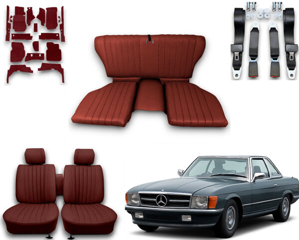 Set Sitzbezüge bis Bj. 84 + Rückbank klappbar + Teppichsatz + Gurte für Mercedes SL 107 Dunkelrot