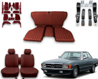 Set Sitzbezüge ab Bj. 85 + Rückbank klappbar + Teppichsatz + Gurte für Mercedes SL 107 Dunkelrot