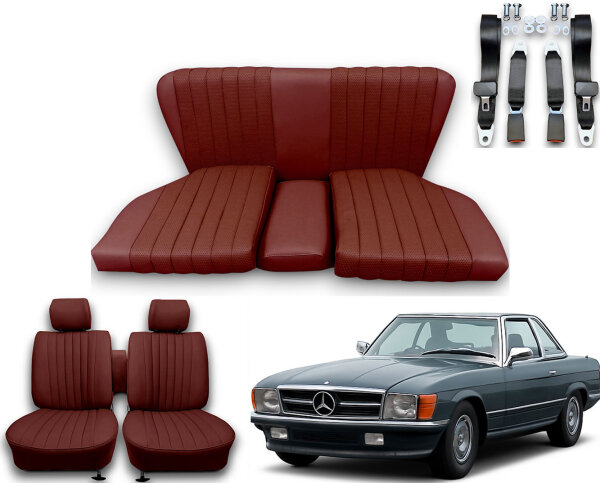 Set Sitzbezüge ab Bj. 85 + Rückbank starr + Gurte für Mercedes SL 107 Dunkelrot