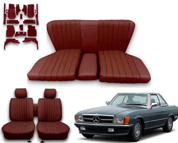 Set Sitzbezüge ab Bj. 85 + Rückbank starr + Teppichsatz für Mercedes SL 107 Dunkelrot