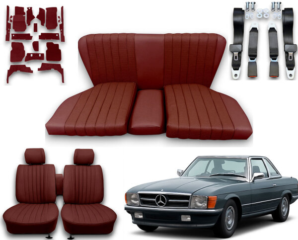 Set Sitzbezüge ab Bj. 85 + Rückbank starr + Teppichsatz + Gurte für Mercedes SL 107 Dunkelrot