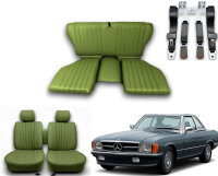 Set Sitzbezüge bis Bj. 84 + Rückbank klappbar + Gurte für Mercedes SL 107 Grün