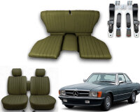 Set Sitzbezüge ab Bj. 85 + Rückbank klappbar + Gurte für Mercedes SL 107 Dunkelgrün