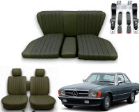 Set Sitzbezüge ab Bj. 85 + Rückbank starr + Gurte für Mercedes SL 107 Dunkelgrün