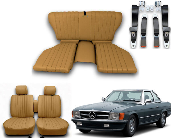 Set Sitzbezüge ab Bj. 85 + Rückbank klappbar + Gurte für Mercedes SL 107 Dattel