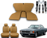 Set Sitzbezüge ab Bj. 85 + Rückbank klappbar + Gurte für Mercedes SL 107 Dattel