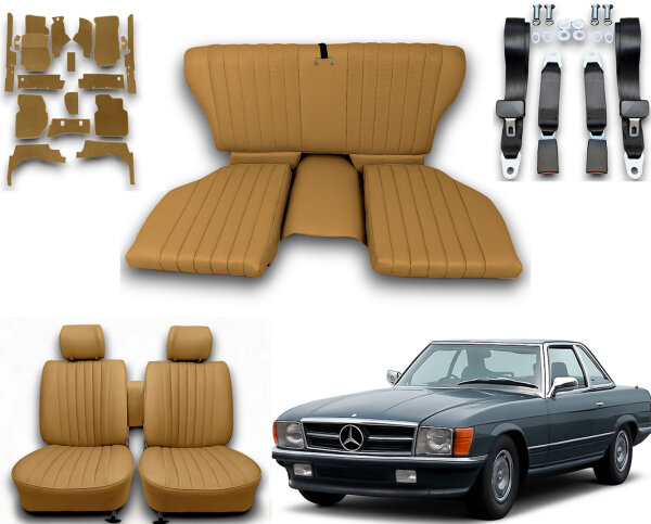 Set Sitzbezüge ab Bj. 85 + Rückbank klappbar + Teppichsatz + Gurte für Mercedes SL 107 Dattel